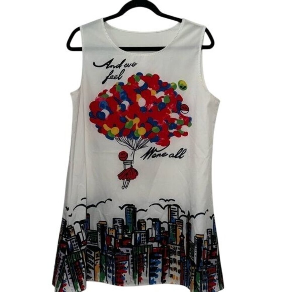 Colorful Sleeveless Cityscape A-Line Dress With Balloon Print L Polyester/Spande